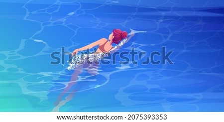 Girl swims in sea water top view. Concept of summer resort on ocean beach, water sports and leisure activity. Vector cartoon illustration of woman in bikini in swimming pool or lake