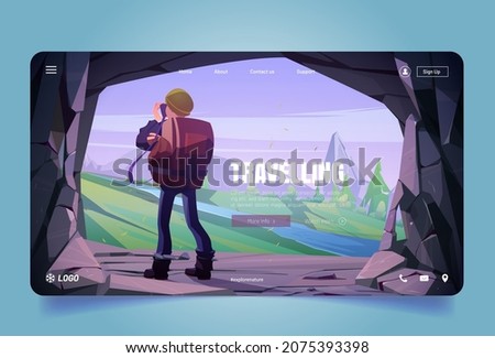 Traveler at mountain cave exit making picture on camera of scenery landscape with rock peaks and river. Travel, journey adventure. Tourist with backpack look on high tops, Cartoon vector illustration