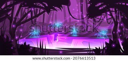 Magic forest with wolves mystery silhouettes, river and mystical purple light. Vector cartoon fantasy illustration of jungle landscape with fantastic wild animals Stockfoto © 