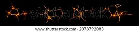 Ground cracks with lava, hot molten magma in breaks on land surface. Vector realistic set of fissure in ground from volcano or earthquake, fractures with liquid lava isolated on black background