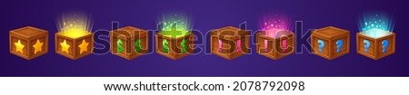 Isometric wooden boxes with different signs and magic light inside. Vector cartoon set of open and closed wood crates with gift, money or surprise for game gui design