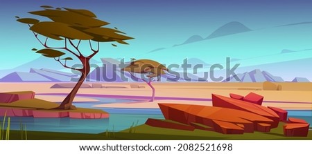 Savannah with river, acacia trees and mountains on horizon. Vector cartoon illustration of african savanna with green grass, water stream and stones. Desert landscape with oasis 商業照片 © 