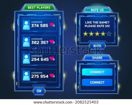 Game frames in sci fi style with best players list, rate and share banners. Vector cartoon set of blue futuristic gui elements, board with winners usernames, feedback with stars and connect buttons 商業照片 © 