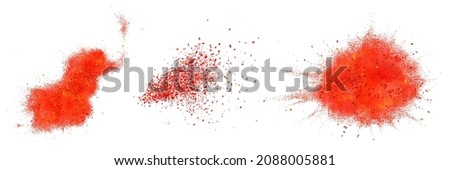 Chili pepper powder splash, spicy burst, dust or red color explosion on white background. Chilli or paprika spice splatters, paint clouds design elements isolated on white background, Realistic 3d 商業照片 © 