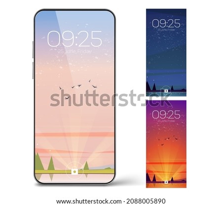 Smartphone lock screen with day and night landscape. Mobile phone onboard page with date and time, natural wallpapers background for cellphone device, Cartoon user interface design set