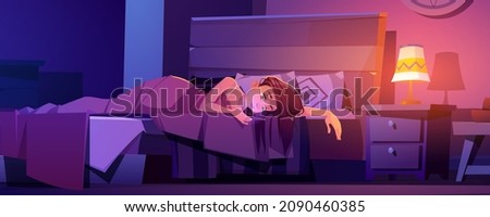 Young woman lying in bed with phone in hands. Girl chatting with friends in social networks, texting, reading newsfeed in internet during bedtime, gadget addiction, Cartoon vector illustration