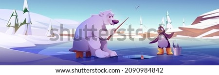 White bear and penguin fishing, cute wild animals characters sitting on ice floe near hole catching fish with rods then put in bucket. Fairy tale book or game personages, Cartoon vector illustration