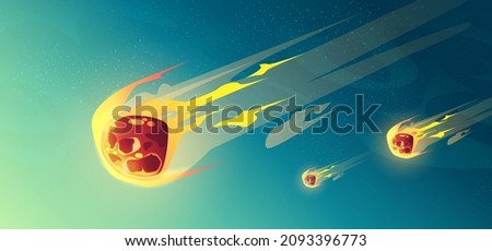 Meteor rain, asteroids or meteorites flying in night starry sky. End Jurassic era, comets with fire trail falling on Earth or alien planet, astronomical or fantasy scene, Cartoon Vector illustration