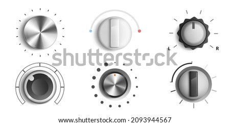 Volume knobs, round adjustment dial. Regulator level and analog buttons, Min Max music sound switchers, round tuners for audio stereo system, isolated ui app design elements, Realistic 3d vector set