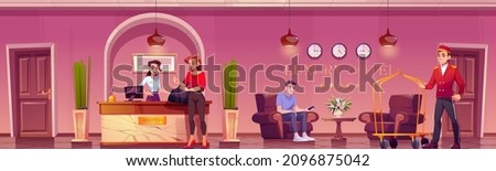Guests and staff in luxury hotel lobby with reception desk, table with chairs, flowers and plants. Vector cartoon hotel hall interior with woman receptionist, bellboy with trolley and people Foto stock © 