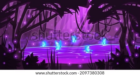 Night magic forest with glowing fireflies and butterflies over mystic purple pond under trees. Nature wood landscape with moonlight fall on water surface, scenery midnight, Cartoon vector illustration 商業照片 © 