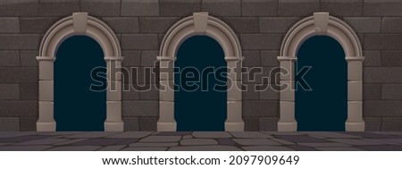 Arches in wall from stone bricks in ancient classic architecture. Vector cartoon illustration of vintage facade of castle, palace or temple with granite blocks and arcade