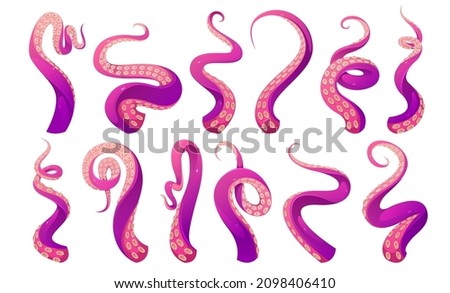 Tentacles of octopus, squid or kraken. Vector cartoon set of scary sea monster arms, purple and pink giant octopus tentacles with suckers. Cthulhu hands and legs isolated on white background