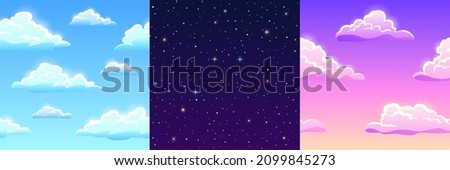 Game textures of clouds and stars, seamless patterns. Cartoon backgrounds of blue, pink and starry sky. Graphic ui or gui vector layers of space, day or morning fluffy spindrift or cumulus eddies