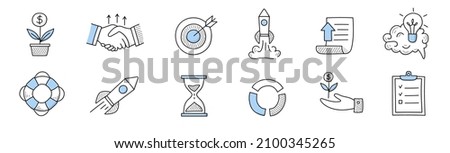 Startup doodle icons with rocket, idea sign, target, handshake and plant with money. Vector hand drawn set of symbols of start up, business strategy, finance growth and launch