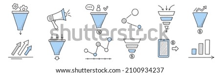 Sales funnel doodle icons, linear business signs loudspeaker, infographics graphs or charts, smartphone payment, clients attraction, management strategy and data analysis, Line art vector illustration