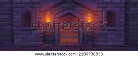 Medieval castle gate at night, palace entry exterior with arched door and burning torches. Fortress tower architecture, fairytale dungeon building facade, stone brick wall, Cartoon vector illustration