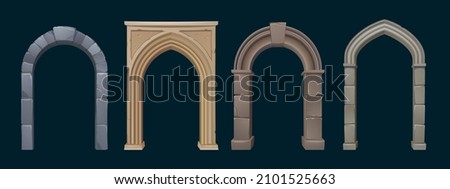 Architecture arches with stone columns, antique gates for interior or exterior with pillars, palace or castle archway decorative frames. Portal entrance, antique doorways Cartoon vector illustration