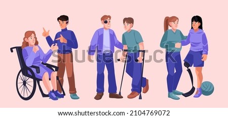 People with diverse disabilities, physical incapacities. Vector set of flat illustrations with men and women in wheelchair, with crutch, leg prosthesis, hearing aid and bandage on eye