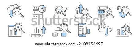 Data analysis doodle icons set. Information cloud storage, magnifying glass, graph, arrow and envelope. Server, cogwheels and documents, smartphone with column charts, Line art vector illustration