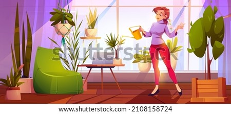 Young woman watering plants at home garden, office, house or apartment room with working place, laptop, armchair at wide window with cityscape view. Girl caring for flowers Cartoon vector illustration