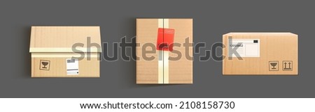 Cardboard boxes mockup, 3d vector cargo and parcel packages top, front and bottom view with tape and paper labels. Realistic carton closed packaging for goods, isolated packs for freight shipping