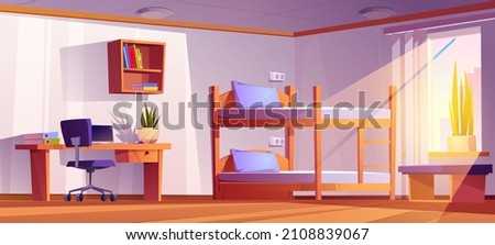 Student dormitory room with bunk, laptop on desk, office chair and bookshelf. Vector cartoon interior of empty dorm bedroom or hostel apartment with wooden bed with ladder and table