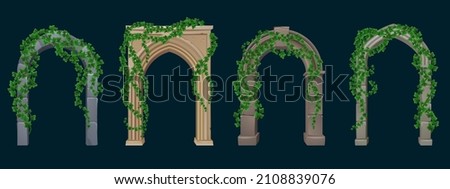 Ancient greek or roman arches with stone columns and ivy vines with green leaves. Vector cartoon set of 3d old architecture elements, portals with climbing plants isolated on black background