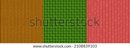 Textures of woven fabric, corduroy and knit. Vector cartoon set of seamless patterns with textile weave, velvet and knitting material. Fiber weaving, velveteen and knitwear texture Stock foto © 