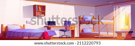 Student dormitory room with bunk, bed, laptop on desk, office chair and bookshelf. Vector cartoon interior of empty dorm bedroom or hostel apartment with wooden furniture and backpack