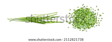 Onion leaves and chopped green chive isolated on white background. Vector realistic set of 3d fresh verdure bunch and pile of cut pieces of green garlic or scallion Сток-фото © 