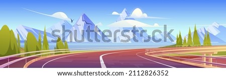 Car overpass road on lake shore with green trees and mountains on horizon. Vector cartoon illustration of summer landscape with highway bridge, river and white rocks