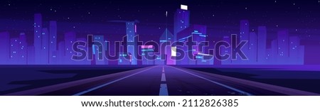 Road to night city, empty highway and glowing skyline with futuristic urban architecture, megapolis infrastructure with modern skyscraper buildings, purple neon background, Cartoon vector illustration