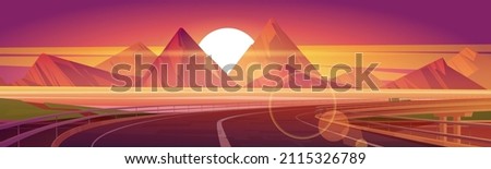 Car overpass road on lake shore with mountains and sun on horizon at sunset. Vector cartoon illustration of summer landscape with highway bridge, river and rocks at evening