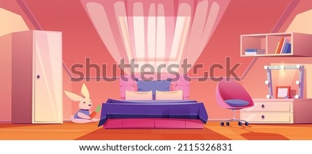 Girl bedroom on attic with bed, cupboard, bookshelf, chair and dresser. Vector cartoon illustration of empty kids mansard room interior with books, mirror and plush rabbit toy