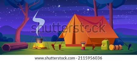 Summer camp in forest with bonfire and tent at night. Vector cartoon illustration of landscape with trees, log, stars in dark sky and campsite with backpack, lantern and bowler on fire