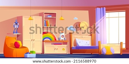Boys bedroom with bed, bookshelf, cupboard, chair and toys box. Vector cartoon illustration of kids room interior with nightstand, books, ball, rocket, robot and night light on wall