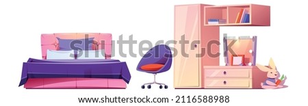 Girl bedroom furniture, bed, cupboard, bookshelf, chair and dresser. Vector cartoon set of female kids room interior with books, mirror and plush rabbit toy isolated on white background