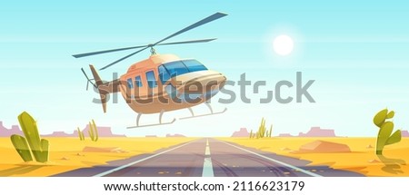 Helicopter landing on empty road at desert nature landscape with yellow sand and cacti. Aviation, air tourism, adventure concept with chopper at Sahara background, Cartoon vector illustration