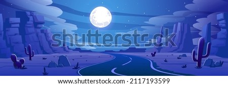 Desert landscape with road, rocks and cactuses at night. Vector cartoon illustration of highway turn in hot sand desert with mountains, moon and stars in sky