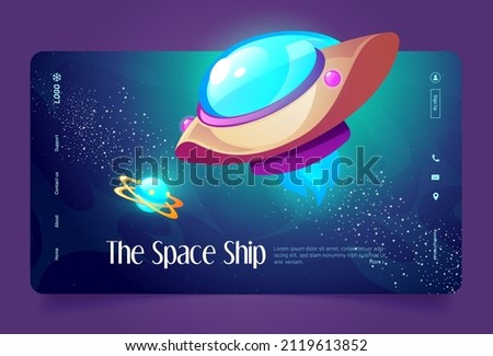 Space ship banner with shuttle and satellite in cosmos. Vector landing page with cartoon illustration of flying spaceship, futuristic rocket with blue fire on galaxy background