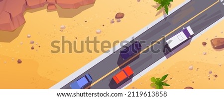 Top view to cars on road in desert or sea beach. Vector cartoon illustration of aerial view of tropical landscape with sand, mountains, palm trees and asphalt highway with vehicles