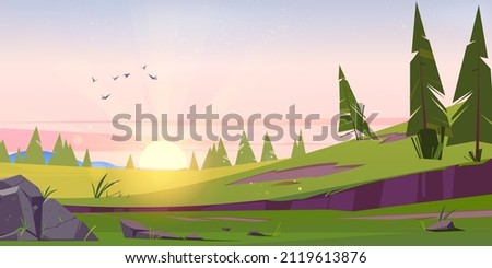 Early morning cartoon nature landscape with sun rising over green field with conifers trees and rocks under pink sky with flying birds. Scenery background, summer or spring meadow, Vector illustration
