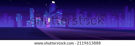 Road to night city, empty highway and glowing purple skyline with futuristic megapolis modern urban architecture with skyscraper buildings, towers on neon background, Cartoon vector illustration