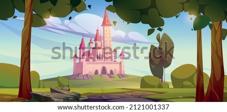 Pink magic castle on green hill, fairy tale palace with turrets and trees around scenery landscape. Rocky road lead to gates of medieval fantasy fortress under blue sky, Cartoon vector illustration