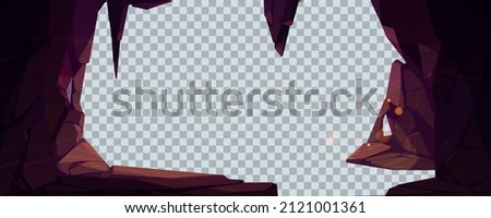 Mountain cave, tunnel entrance or stone arch isolated on transparent background. Vector template with cartoon stone frame, cavern or mine in rocks with ledge