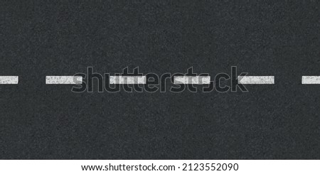 Road, highway with dotted line top view background. Two lane asphalt pathway with white markup, horizontal seamless backdrop, traffic route, direction and navigation, Realistic 3d vector illustration