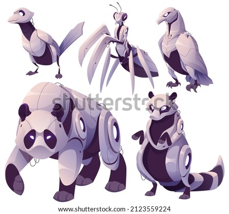 Robots animals, futuristic cyborgs birds magpie and eagle, panda, wasp and raccoon. Cartoon robotics cyber characters, artificial intelligence mechanical and electronic personages, isolated vector set