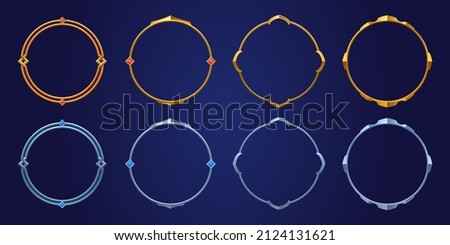 Empty circle silver and gold frames in medieval style for game ui design. Vector cartoon set of user interface elements with metal border with gems isolated on background