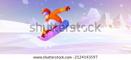 Extreme snowboarding winter sport, outdoors activity. Young sportsman in warm sportive costume riding snowboard making jumps and stunts on ski resort, wintertime relax, Cartoon vector illustration